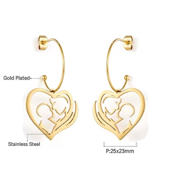 18k Gold Plated Heart Hollow Motherly Love Earrings - Picture 3 of 6